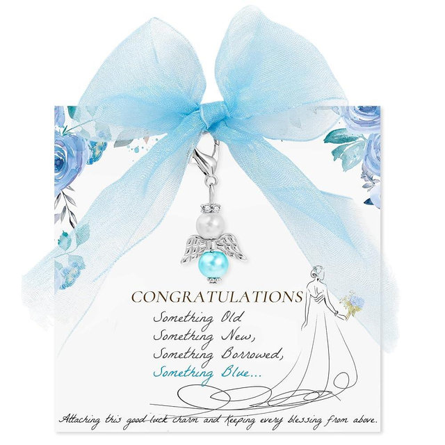 PEALICIOUS Something Blue Gift for Bride, Bridal Shower Wedding Gifts for Bride to Be with Bouquet Angel Charm and Wedding Card Bridal Jewelry Set Bride Accessories from Mom Friends