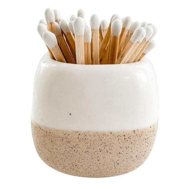 Moonlight Makers Ceramic Match Holder with Striker - Decorative Matches in a Jar with Striker, Cute Match Holder for Candles, Bathroom, Kitchen, Fireplace, 50 Wooden Matches Included, 2.5 Inch - White