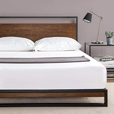 Zinus Suzanne Metal and Wood Platform Bed with Headboard / Box Spring Optional / Wood Slat Support, Queen