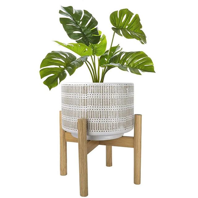Large Ceramic Plant Pot with Stand - 9.4 Inch Boho Cylinder Indoor Planter with Drainage Hole for Snake Plants, Fiddle Fig Tree, Artificial Plants, Sandy Beige & White