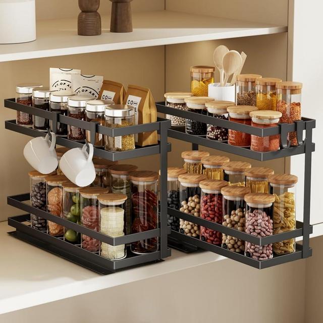 Magheo Pull Out Spice Rack Organizer for Cabinet, 2 Pack Metal Seasoning Organizer Slide Out Spice Storage Shelf No Assembly Vertical Spice Rack Pullout for Kitchen & Bahthroom No Drill(2 Tier,Black)