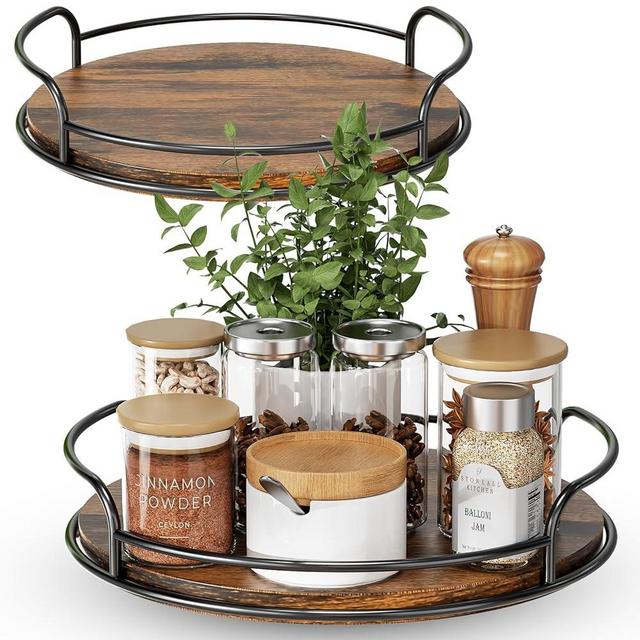 LAMU 2 Pack Lazy Susan Organizer for Table Top, 10'' + 9'' Wooden Lazy Susan Turntable for Cabinet, Pantry, Kitchen Countertop Organizer, Spice Organization