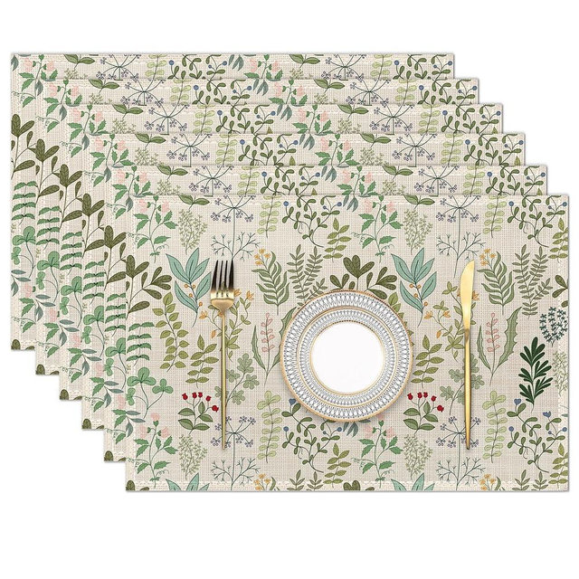Vintage Leaves and Plants Botanical Placemats Set of 6 Place Mats for Kitchen Table Washable Farmhouse Linen Table Mats Dining Decoration 12x18 Inch