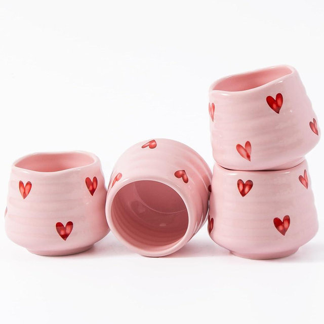 YumiPLUS 4pcs Ceramic Tea Cup Set – 160ml 5.4OZ Porcelain Pink Matcha Cup, Valentine Handless Cute Hearts Coffee Mugs for breakfast espresso/afternoon tea (Pink Love)