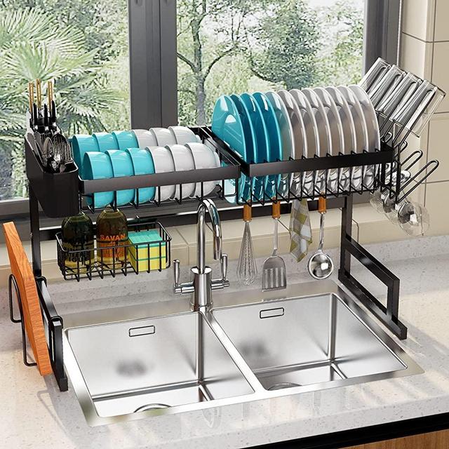 【Fit Sink 23"- 32" L】 2023 Version Adbiu Over Sink Dish Drying Rack (Expandable Dimension) Snap-On Design 2 Tier Large Kitchen Dish Rack Stainless Steel Counter Organization and Storage