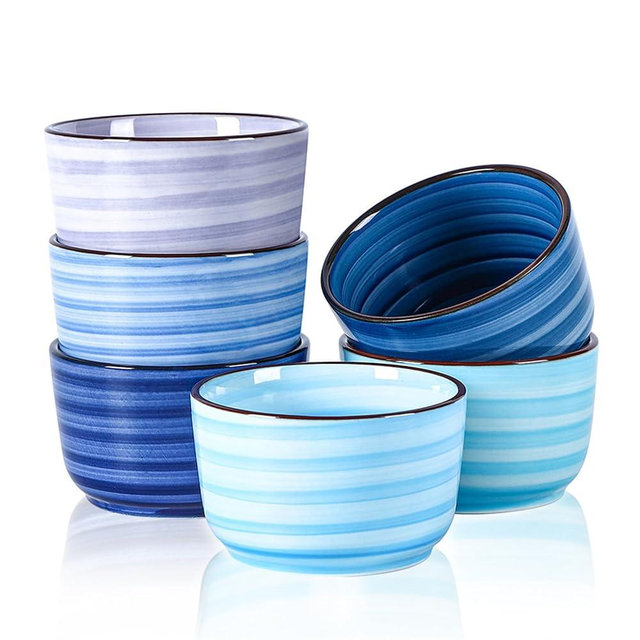 Selamica 8 OZ Ramekins Oven Safe, Creme Brulee Souffle Ramekins, Porcelain Pudding Custard Cups for Baking, Small Bowls for Ice Cream Dessert, Set of 6, Gradient Blue