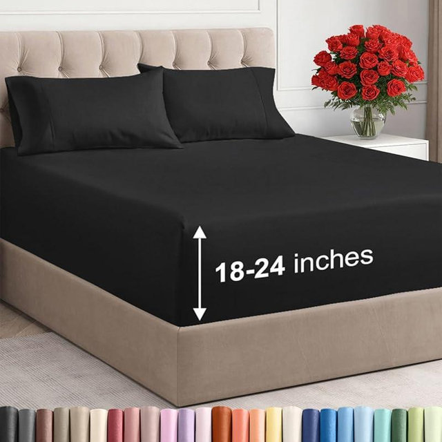 Extra Deep King Sheet Set - 4 Piece Breathable & Cooling Bed Sheets - Easily Fits 18 to 24 inch Mattress - Ultra Soft, Wrinkle & Fade Free w/ Extra Deep Pockets - Comfy Hotel Luxury Bedding - Black