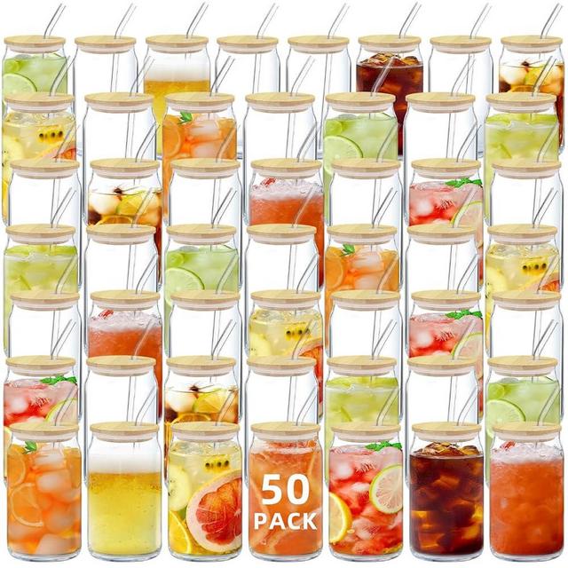 AiHeart 50pcs Glass Cups With Lids and Straws,16 oz Drinking Glasses,Beer Can Shaped Glasses,Iced Coffee Cups,Cute Tumbler,Beer Cup,Baby Shower,for Vegetable Juice,Milk Whiskey,Cocktail