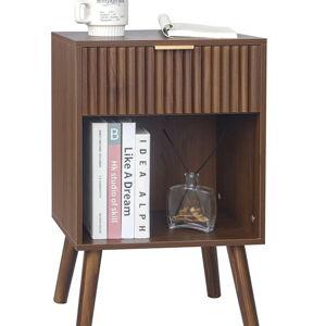 Fultyle Walnut Nightstand, Modern Night Stand with Fluted Drawer and Opening Storage, Wooden Bedside Table with Solid Wood Legs for Bedroom, Living Room, Office (Walnut Brown)