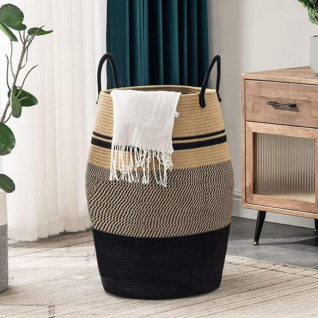 YOUDENOVA 105L Extra Large Woven Laundry Hamper Basket with Heavy Duty Cotton Rope Handles for Clothes and Toys in Bedroom, Nursery Room, Bathroom, Collapsible, Brown