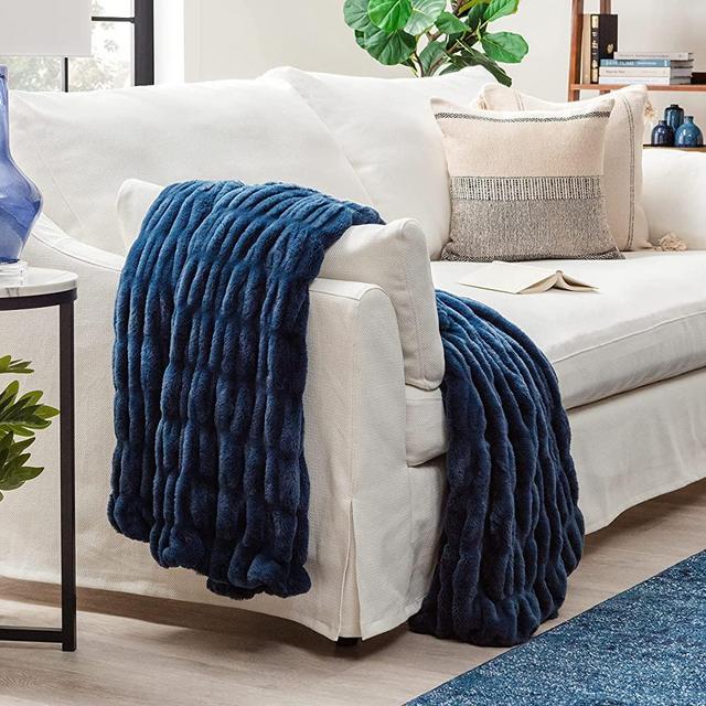 Chanasya Ruched Luxurious Soft Faux Fur Throw Blanket - Fuzzy Plush and Elegant with Reversible Mink Blanket for Sofa Chair Couch Living Room Birthday Gift and Home Decor (50x65 Inches) Blue
