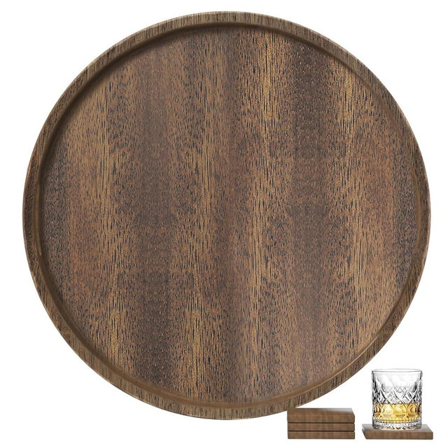 Nunemosk Walnut Wood Serving Tray with Handles 24 Inches Extra Large Round Ottoman Tray for Ottoman Coffee Table, Used in Bedroom, Living Room, Kitchen, Bathroom, Hospital and Outdoors