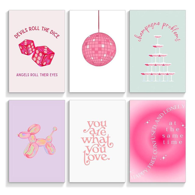 Prinajssiad 8x10in Unframed 6 Piece Pink Preppy Posters for Room Aesthetic, Folklore Taylor Affirmations Poster Canvas Wall Art, Singer Champagne Problems Prints, Girl Bedroom Dorm Wall Collage