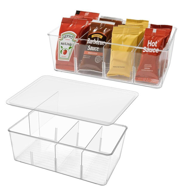 2 Pack Sauce Packet Organizer, Storage Box for Ketchup Packets, Hot Sauce Packets, and Condiment Packets, Made of Clear Plastic, Suitable for Kitchen Storage, Refrigerator Storage, One Lid Included