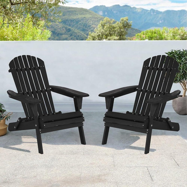 BORGEBY All-Weather Folding Adirondack Chairs Patio Set of 2, Solid Wood Outdoor Chairs with Wide Armrest, 350 lbs, Black
