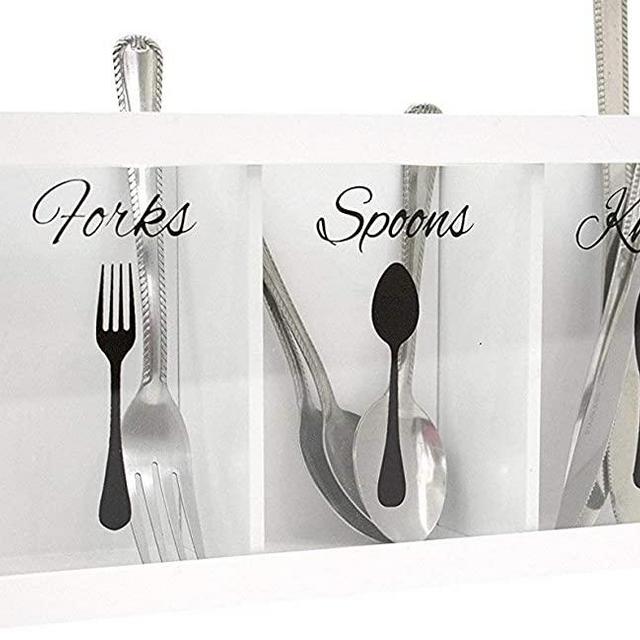 Blu Monaco Cutlery Caddy - Made of White Wood - Three Compartments for Forks, Spoons, Knives - Black Handles - kitchen utensil organizer - silverware caddy - flatware caddy