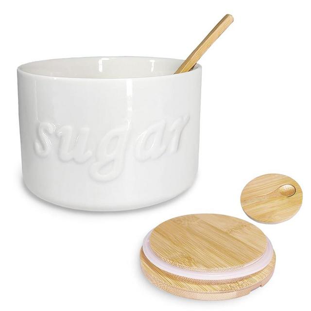 NAXIHOPT Sugar Bowl with Lid and Spoon, 16 OZ Airtight Sugar Container for Coffee Bar, Farmhouse Ceramic Jar, Sugar Holder Coffee Bar Accessories for Countertop, White