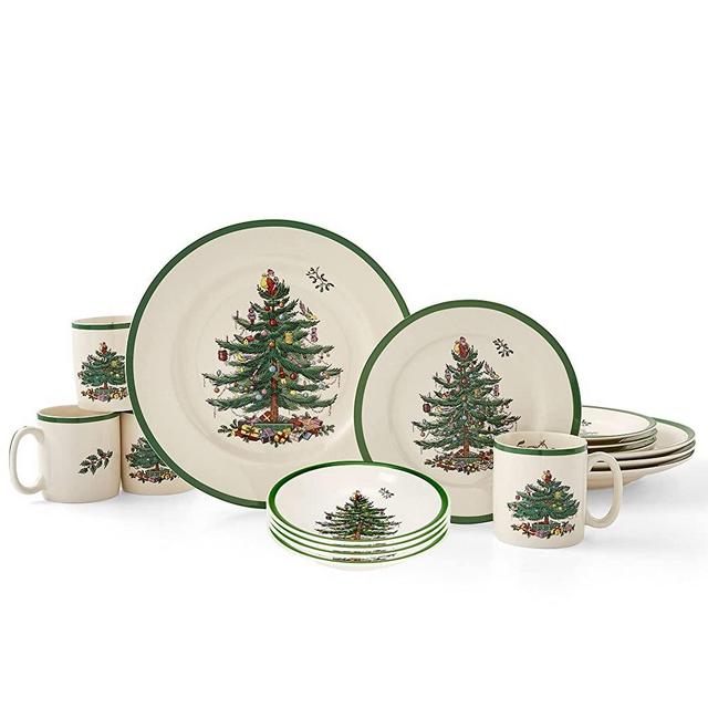 Spode Christmas Tree Collection 16-Piece Dinnerware Set| Service for 4| Dinner and Salad Plates, Coffee Mugs, and Cereal Bowls| Holiday Dishes| Dishwasher Safe