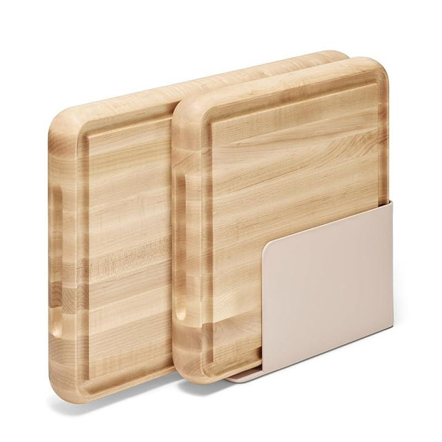 Caraway 3-Piece Prep & Serve Butcher Block Set, Includes 17” Rectangle Cutting Board, 12” Square Cutting Board and Metal Storage Rack, Maple