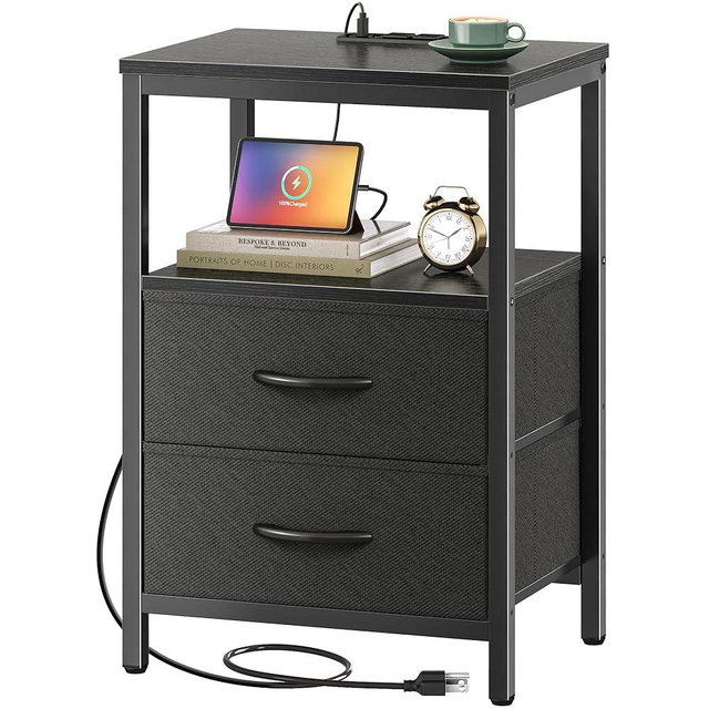 Huuger Nightstand with Charging Station, Side Table with Fabric Drawers, End Table with Open Shelf, Bedside Table with USB Ports and Outlets, Night Stand for Bedroom, Black