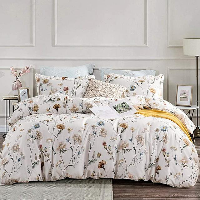 SLEEPBELLA King Size Comforter Set White & Yellow Floral Pattern 600 Thread Count Cotton Fabric, Ultra Soft Microfiber Inner Fill Reversible Bedding Set 3 Pieces