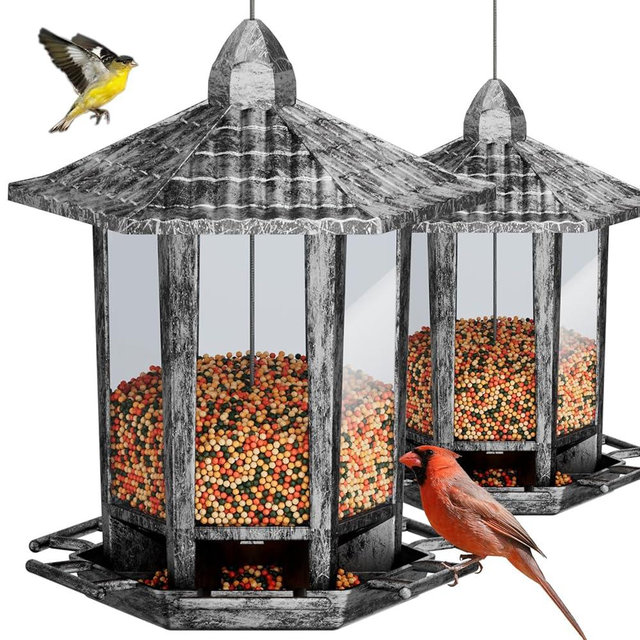 Birdream 2 Pack Bird Feeders for Outdoor, Retro Pagoda Design Fun Installation Bird Feeder, Attracting Wild Birds Chickadees Goldfinches Cardinals Finches and Sparrows - Retro Silver
