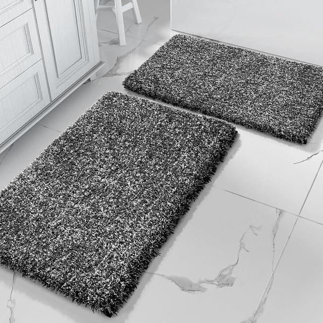 Yimobra Fluffy Bath Rug Set,Shaggy Soft Non Slip Bathroom Rugs, Machine Washable,Thick Bathroom Floor Rugs for Shower Bath Mat,Water Absorbent, 24x17+32x20 Inches, Black and White