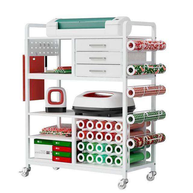 Craft Cart and Organizer Table Compatible with Cricut - Rolling Storage Cart/Shelf with 20 Vinyl Roll Holders, 3 Fabric Drawer, Accessories Holder, Tool Hook for Craft Room Home,Office