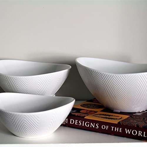 Euro Ceramica Highlands Chip Resistant Nesting Bowl Set, Semi Oval Shape Modern Chevron Texture, White for Buddha Bowls Rice Ramen Noodle Soup