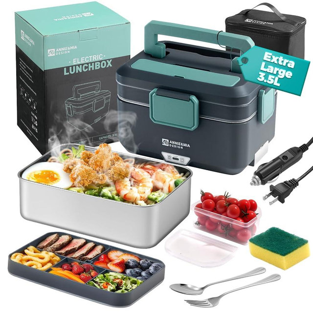 Annie & Mia Design Electric Lunch Box for Adults, 100w 3.5L 2-Layer Portable Food Warmer, Dual Mode 2.5L + 1L Heated Lunch Box for Adults, Home/Car/Office/Truck Use, Lonchera Eléctrica Portátil