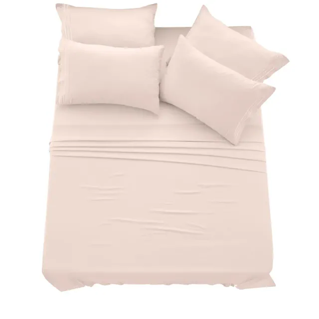 Lux Decor Queen Sheet Set 6 Pcs Brushed Microfiber Bed Sheets with Plain & Embroidery Pillowcases Deep Pocket Sheets - Baby Pink