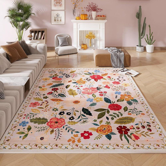 Rugcomf Living Room Rug 5x7 Rug Machine Washable Boho Area Rug Non Slip Floral Vintage Low Pile Large Rugs for Living Room, Bedroom, Farmhouse, Dining Room, Kids Playroom(Beige)