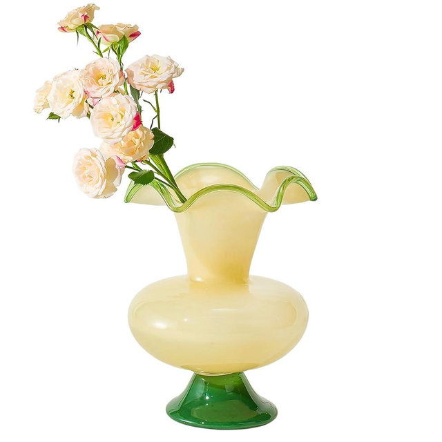 Verdant Bloom Hand-Blown Glass Vase - 11″ Emerald Green Decorative Centerpiece with Fluted Wavy Moon Rim - Noon Art Glass Statement Piece for Modern Home Decor, Living Room, Dining Table Shelf Display