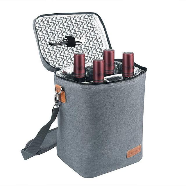 Insulated Wine Carrier Tote - Samshow 4 Bottle Wine Carrier with Shoulder Strap, Padded Protection, and Corkscrew for Travel, Camping and Picnic, Perfect Wine Lover (Grey)