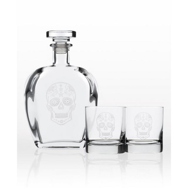 Rolf Glass Sugar Skull 3 Piece Gift Set - Whiskey Decanter And Rocks Glasses
