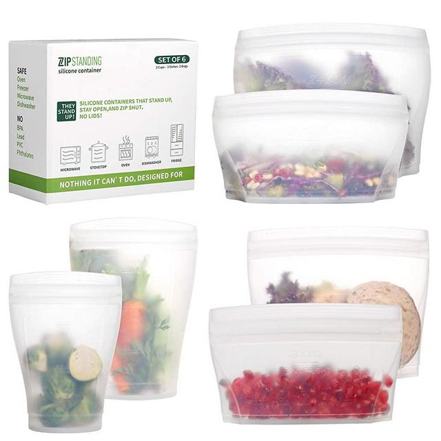 Zip Standing Reusable food Silicone Containers - Complete SET with 2 Cups, 2 Dishes, 2 Storage Bags. Larger Capacity, Dishwasher, Microwave, Freezer Safe. Healthy Food Grade.(white)