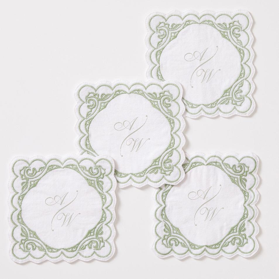Bespoke Embroidered Coasters, Set of 4 (Design Template: Shelley Allegro Script - Style 540 Text: "AW", Light Taupe)