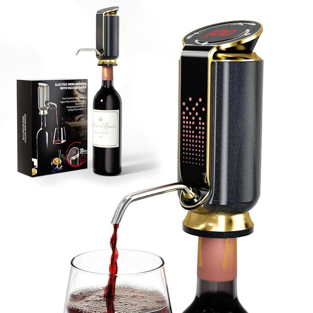 Newise Luxurious 3-in-1 Electric Wine Aerator, Decanter, Dispenser & Vacuum Pump. Touch Screen LED Display - Wine Preservation System with Temp Monitor, Gift for Wine Lovers Women Men (Black)