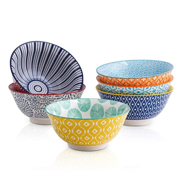 Selamica Porcelain 10oz Bowls Set - Set of 6, 5-inch ceramic bowls for Dessert, Ice Cream, Assorted Colors.