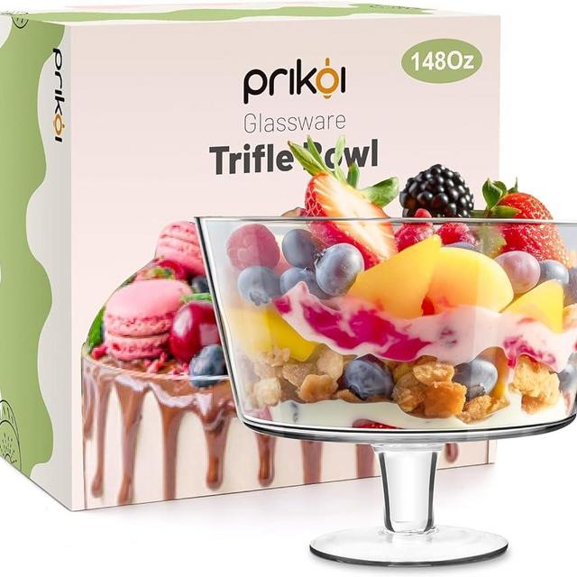 Prikoi 148oz Trifle Bowl with Pedestal, Modern Glass Round Party Dessert Display Stand for Ice Cream Cake, Salad, Fruit, and DIY,2024 Thickened Version