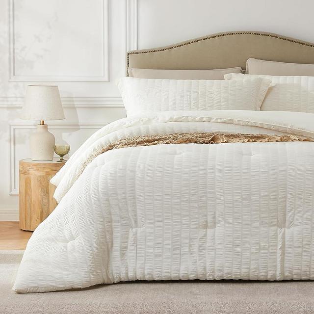Quataly Beige Queen Comforter Set - 3 Pieces Seersucker Lightweight Bedding Comforter Sets (1 Soft Fluffy Comforter & 2 Pillowcases) - All Seasons Cozy Farmhouse Bed Sets for Women Men