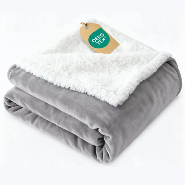 CGK Linens Solid Plush Bed Blanket with Faux Shearling Reverse, Throw Size, Light Grey