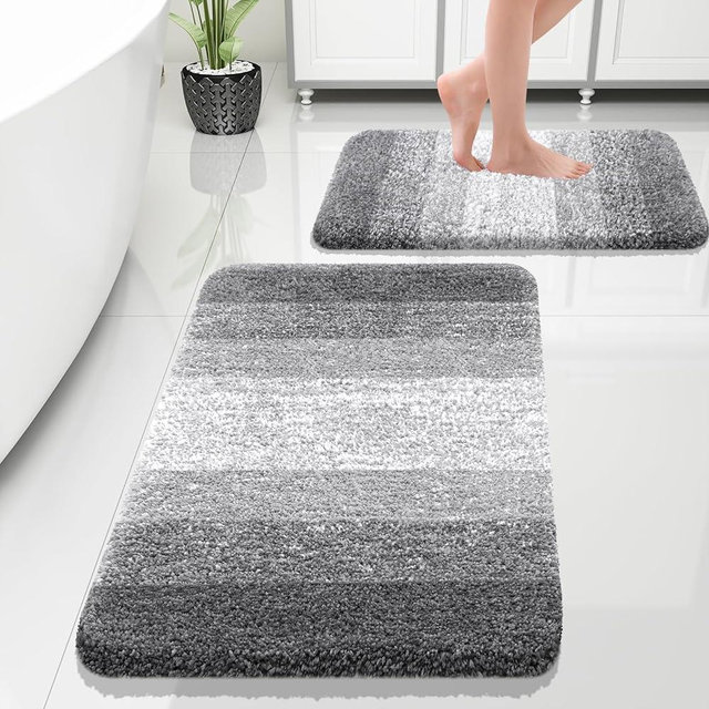 OLANLY Luxury Bathroom Rug Set 2 Piece, Soft Absorbent Microfiber Bath Rug Set, Non-Slip Striped Bath Carpet, Machine Wash Dry, Bath Mats for Bathroom (30"x20"+24"x16", Grey)