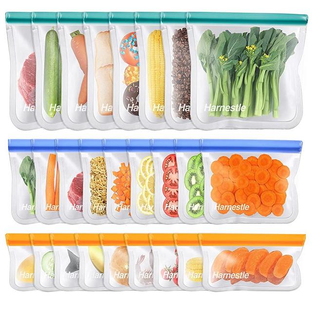 Harnestle Reusable Food Storage Bags, 26 Pack BPA Free Reusable Freezer Bags - 8 Gallon Bags, 9 Reusable Sandwich Bags, 9 Snack Bags, Extra Thick Leakproof Reusable Ziplock Bags for Meat Fruit Travel