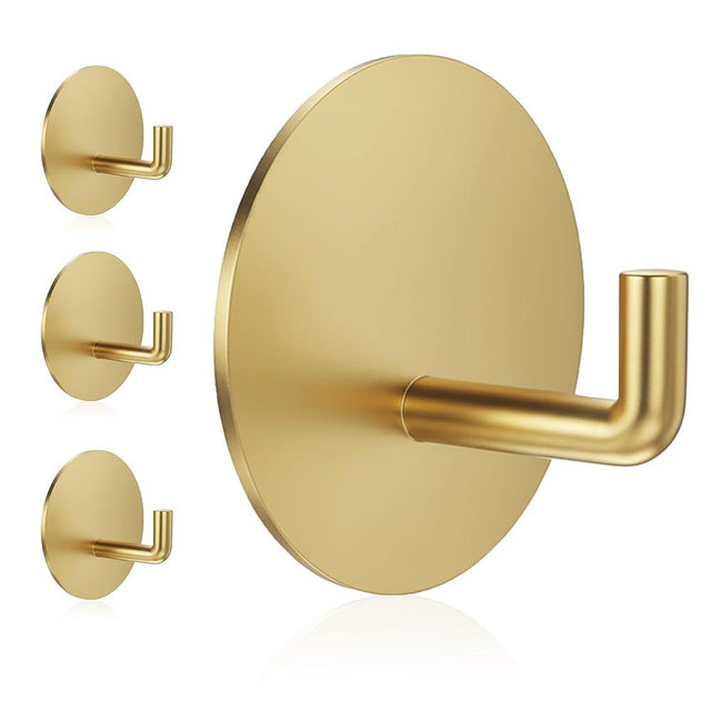 Adhesive Hooks Heavy Duty Waterproof in Shower Hooks for Hanging Loofah, Towels, Clothes, Robes for Bathroom Removable Adhesive Wall Hooks Door Hook Stainless Steel Stick on Hooks 4 Pcs (Gold)