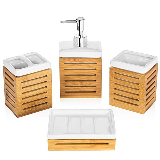 Homevative 4 Piece Bathroom Accessories Set, Ceramic and Natural Bamboo, Great for Any Bathroom Style