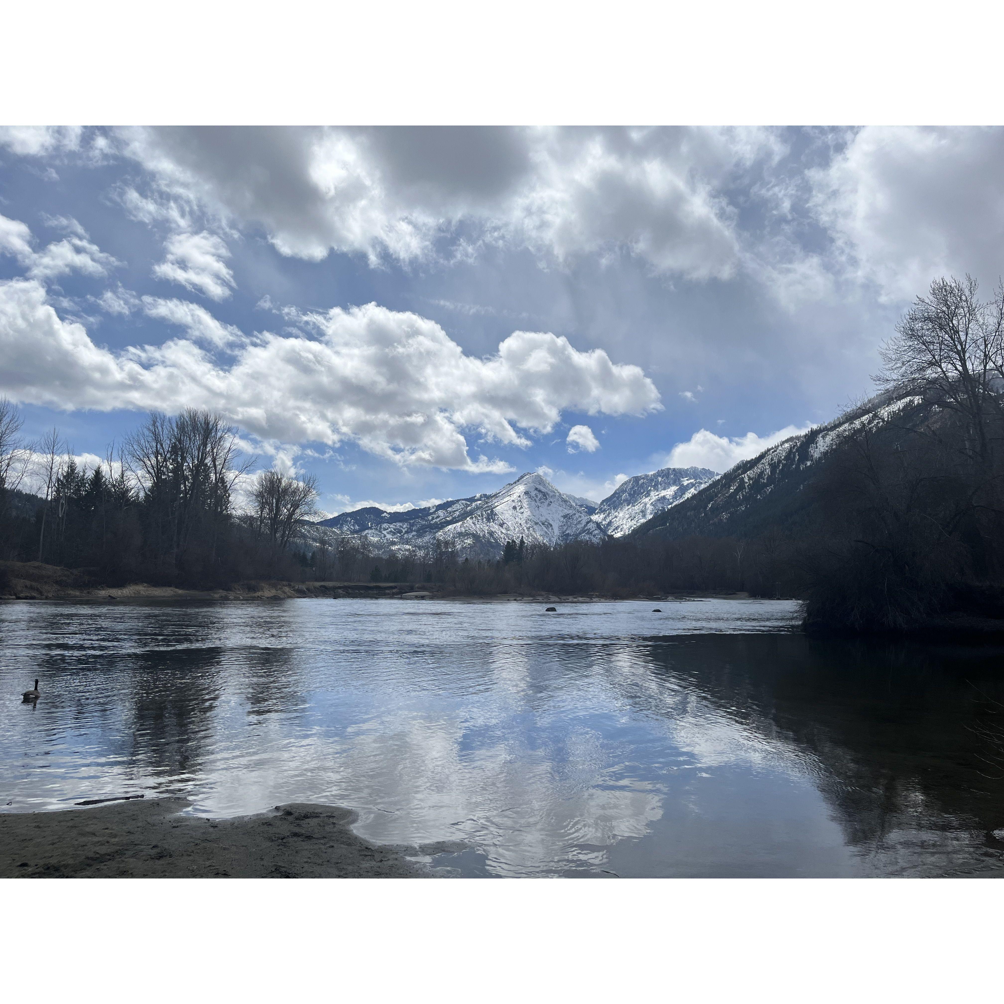 The spot where we got engaged, on the banks of the Wenatchee River in Leavenworth, WA. This photo was taken about two minutes before Justin popped the question.