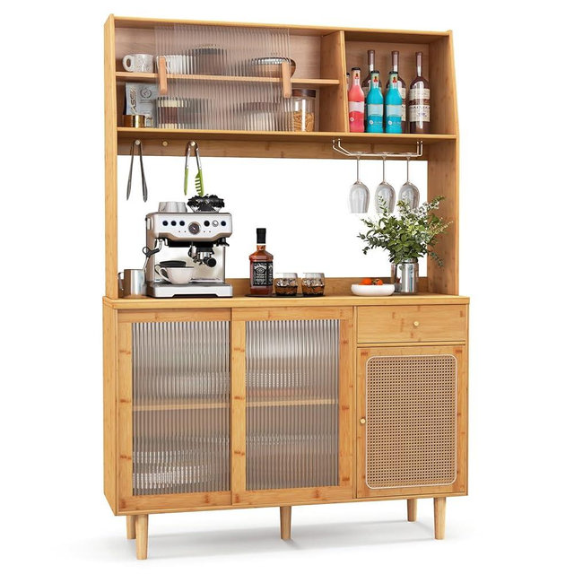 Giantex Pantry Cabinet, 69" Bamboo Hutch Cabinet with Storage, Drawer, Microwave Countertop, Glass Holder, Freestanding Buffet Sideboard with Rattan Door, Tall Cupboard for Kitchen Coffee Bar