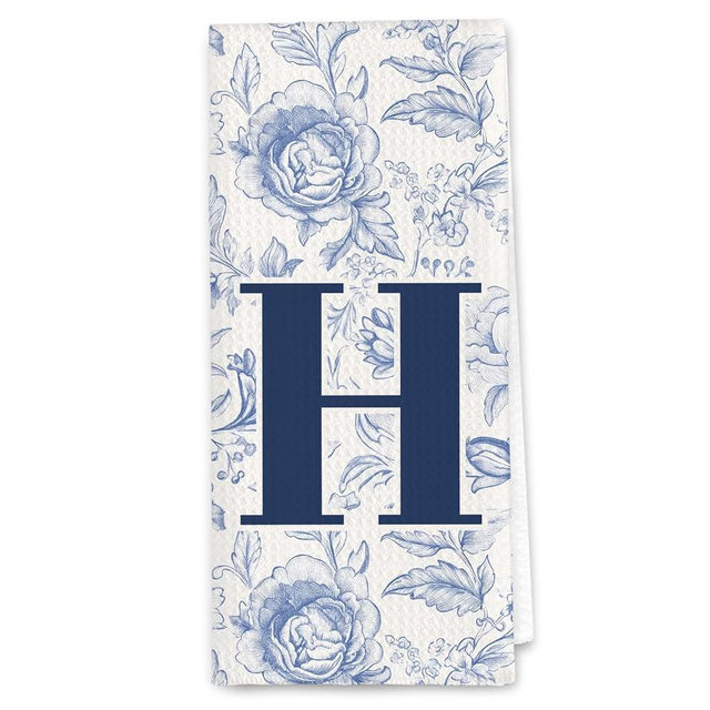 DSHFG Light Blue Kitchen Bathroom Hand Towels, Chinoiserie Floral Initial H Personalized Decorative Kitchen Towels Tea Towel Dish Towel, Christmas Brithday Gifts for Women Mom, 16x24 Inch