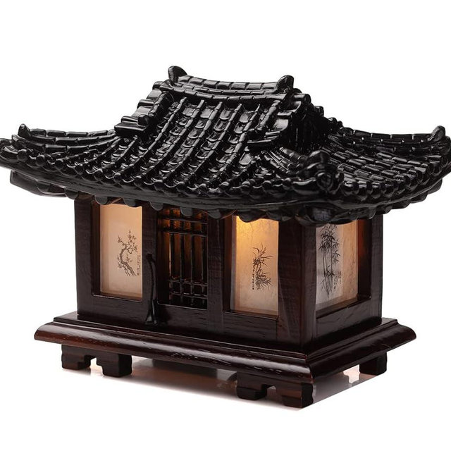 Traditional Korean Wood Lamp | Handmade Asian Oriental Table Lantern | Bedside Bedroom Accent Light | Unique Gift Idea | Pagoda Design (Brown) (Hanok)